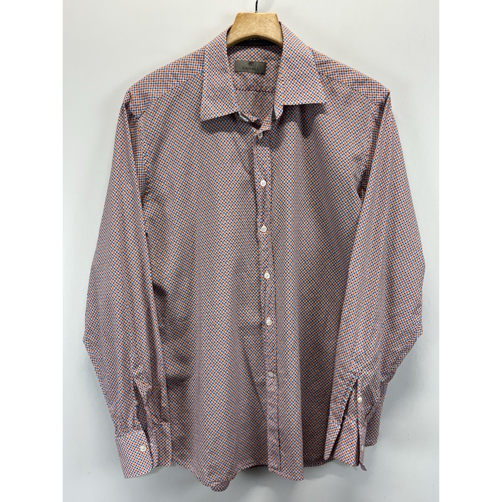 Canali Geometric Button Up Shirt Mens XL Blue Orange Cotton Made In Italy